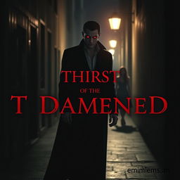 A shadowy alley with a glowing red-eyed vampire standing in the center, exuding intensity and mystery