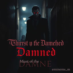 A shadowy alley with a glowing red-eyed vampire standing in the center, exuding intensity and mystery
