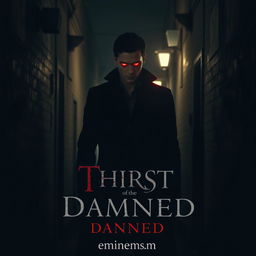 A shadowy alley with a glowing red-eyed vampire standing in the center, exuding intensity and mystery