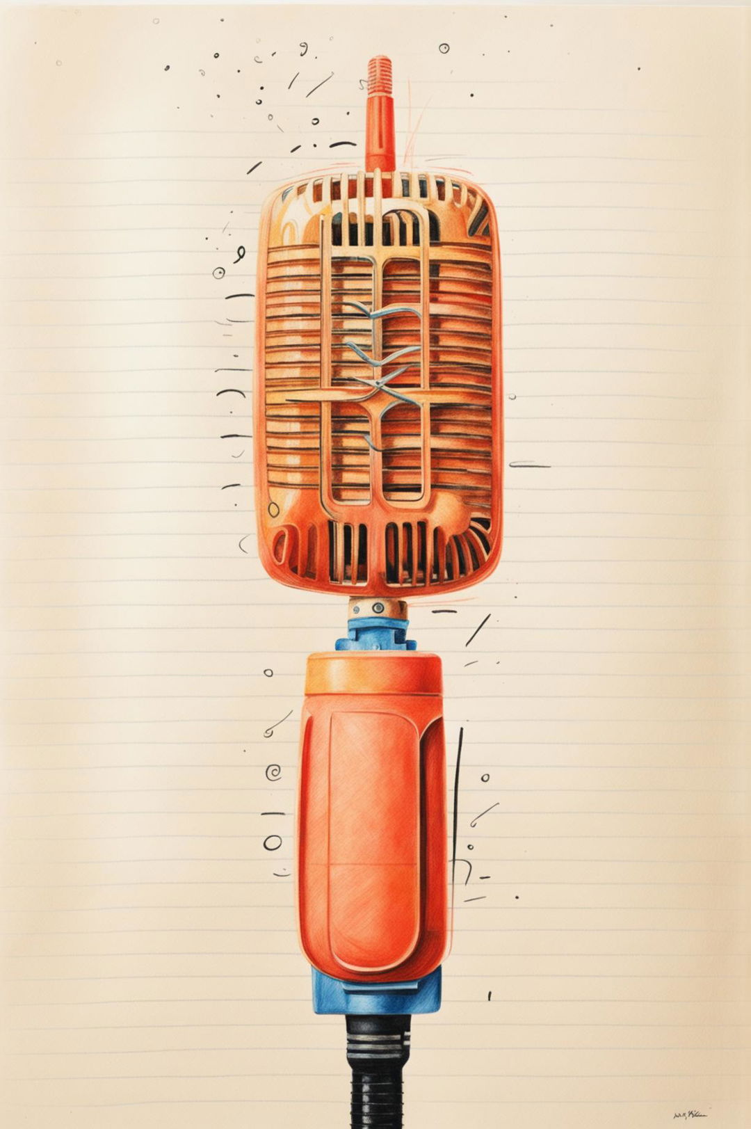 A charming, hand-drawn image of a vintage microphone, rendered in crayon on lined paper