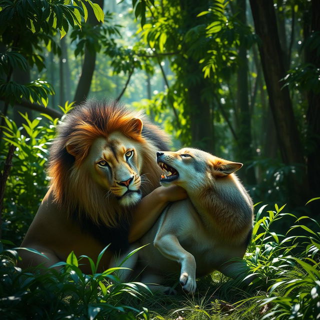 A dramatic scene depicting a lion overpowering a wolf in a lush green jungle