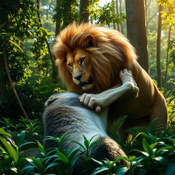 A dramatic scene depicting a lion overpowering a wolf in a lush green jungle