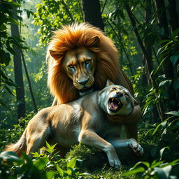 A dramatic scene depicting a lion overpowering a wolf in a lush green jungle