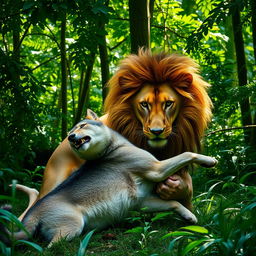 A dramatic scene depicting a lion overpowering a wolf in a lush green jungle