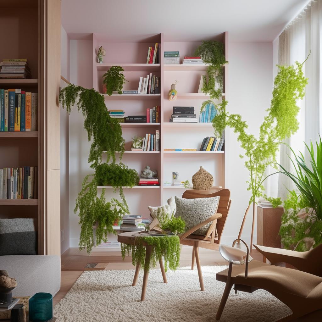 An apartment living room with a cool color palette. The room reflects the energetic vibe of a young nature-lover who enjoys reading books. Include elements such as plants, bookshelves, and cozy reading nooks.