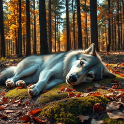 A beautifully detailed depiction of a lifeless wolf lying on the forest floor, surrounded by autumn leaves and soft moss