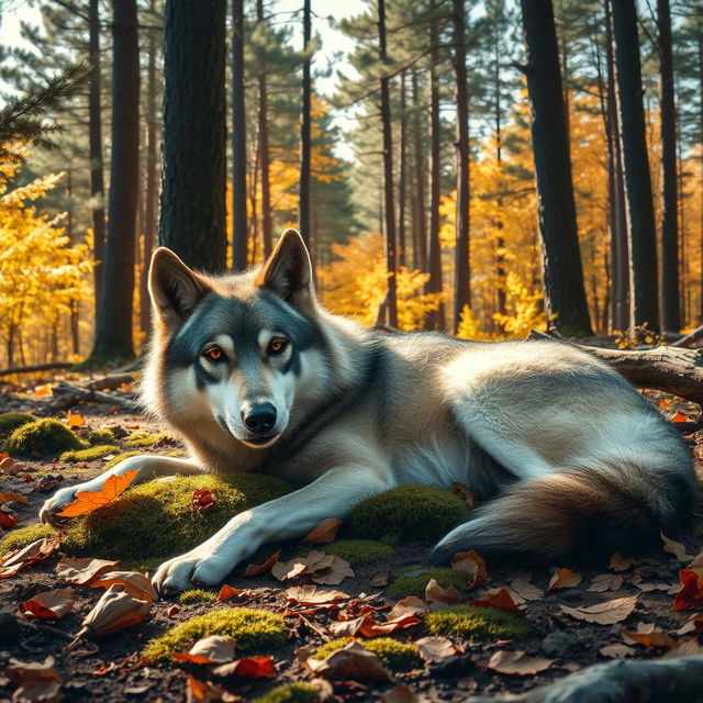 A beautifully detailed depiction of a lifeless wolf lying on the forest floor, surrounded by autumn leaves and soft moss