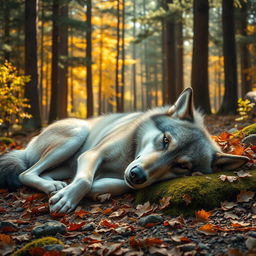 A beautifully detailed depiction of a lifeless wolf lying on the forest floor, surrounded by autumn leaves and soft moss