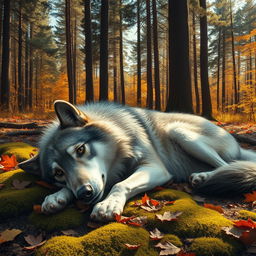 A beautifully detailed depiction of a lifeless wolf lying on the forest floor, surrounded by autumn leaves and soft moss