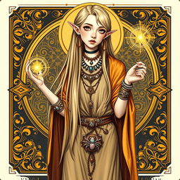 A vertical, tarot card-style scene featuring a tall and slender young half-elf with very long, straight blonde hair cascading down to the waist