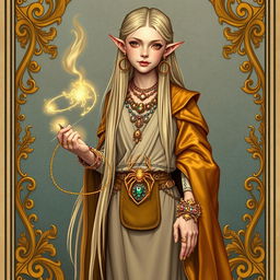 A vertical, tarot card-style scene featuring a tall and slender young half-elf with very long, straight blonde hair cascading down to the waist