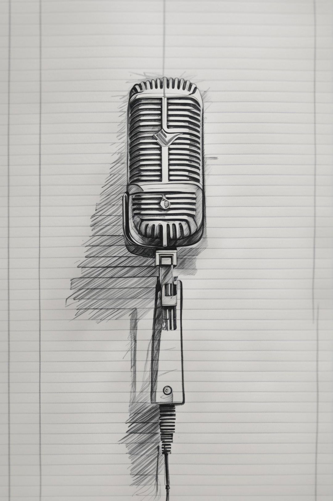 An exquisite, hand-drawn image of a vintage microphone, delicately sketched using a ballpoint pen on lined paper