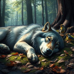 A realistic and detailed scene featuring a deceased wolf lying peacefully in a forest setting