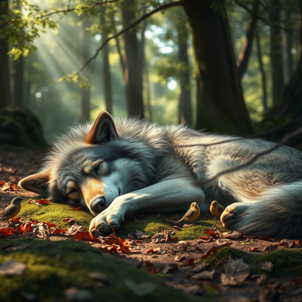 A realistic and detailed scene featuring a deceased wolf lying peacefully in a forest setting