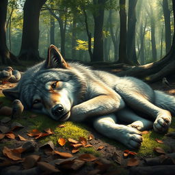 A realistic and detailed scene featuring a deceased wolf lying peacefully in a forest setting