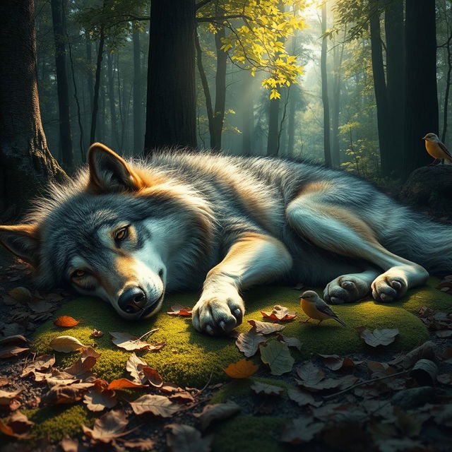 A realistic and detailed scene featuring a deceased wolf lying peacefully in a forest setting