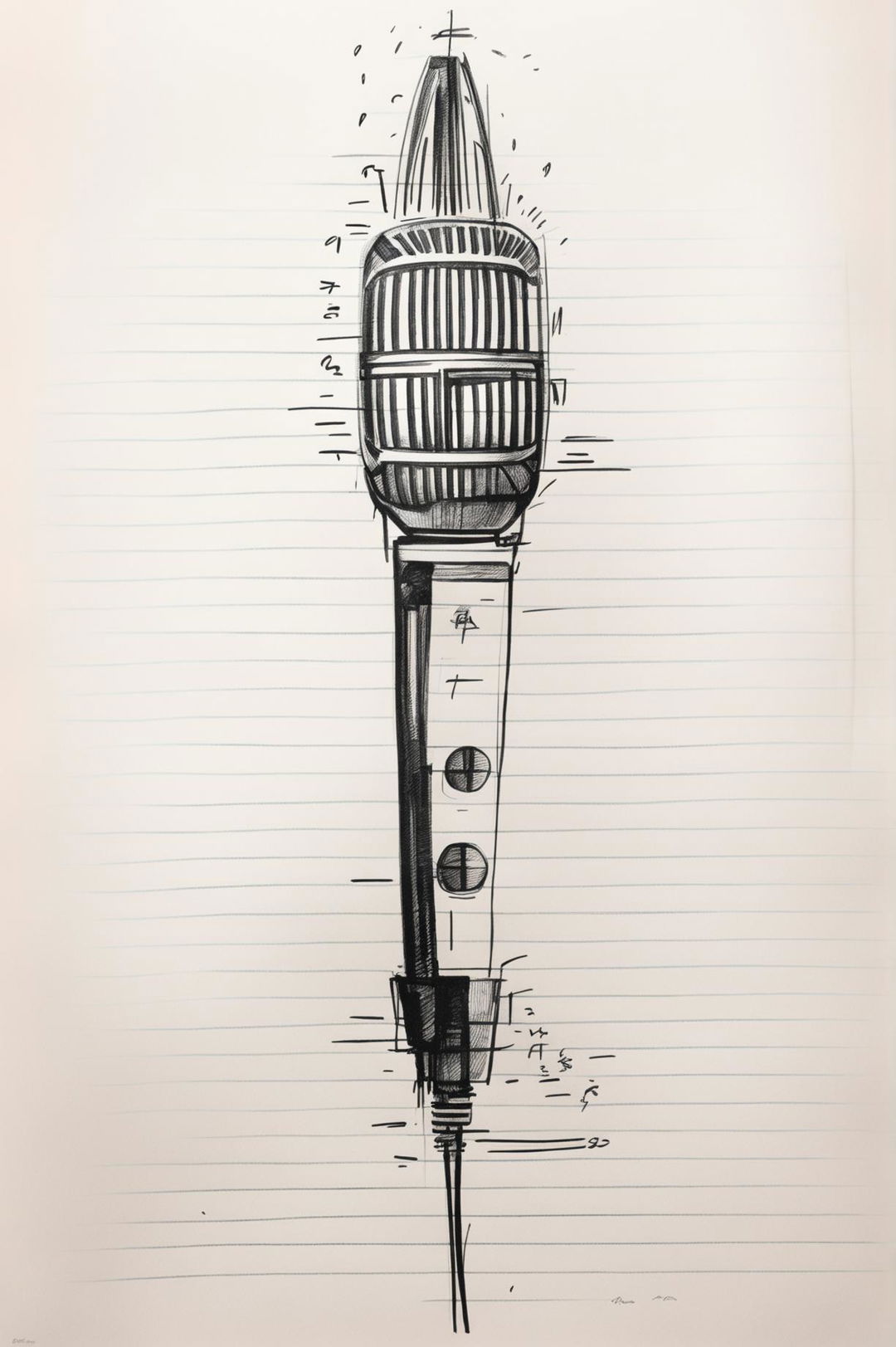 An expertly crafted, hand-drawn sketch of a modern microphone on lined paper