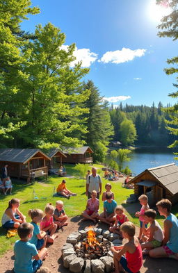 A scenic summer camp setting surrounded by lush green trees and a tranquil lake reflecting the blue sky