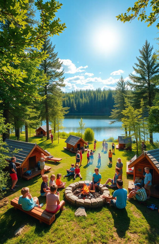 A scenic summer camp setting surrounded by lush green trees and a tranquil lake reflecting the blue sky