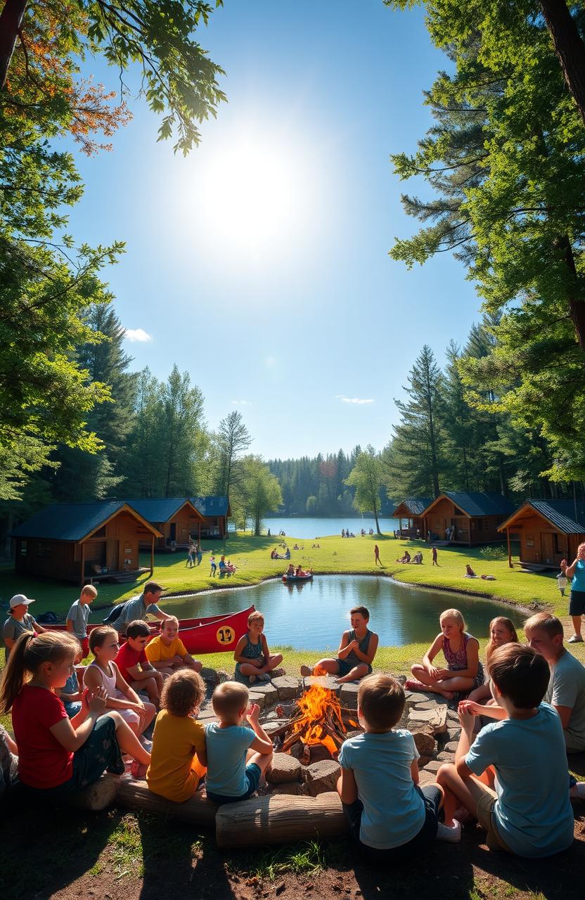 A scenic summer camp setting surrounded by lush green trees and a tranquil lake reflecting the blue sky