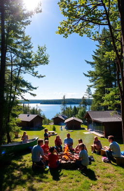 A scenic summer camp setting surrounded by lush green trees and a tranquil lake reflecting the blue sky