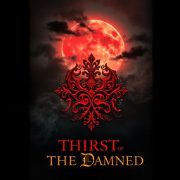 A grand, intricate book cover design featuring a glowing crimson moon, partially obscured by swirling dark clouds, casting an eerie, mystical light over a vast, shadowy landscape