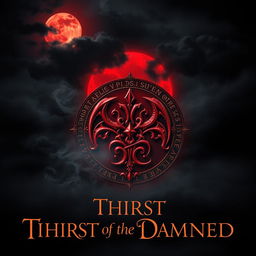 A grand, intricate book cover design featuring a glowing crimson moon, partially obscured by swirling dark clouds, casting an eerie, mystical light over a vast, shadowy landscape