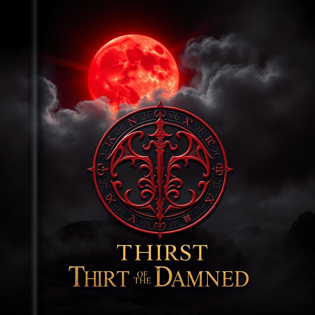 A grand, intricate book cover design featuring a glowing crimson moon, partially obscured by swirling dark clouds, casting an eerie, mystical light over a vast, shadowy landscape