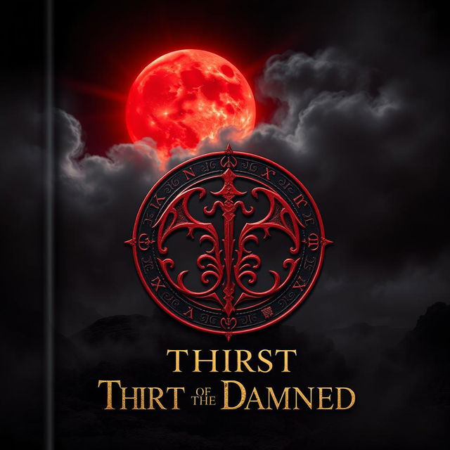 A grand, intricate book cover design featuring a glowing crimson moon, partially obscured by swirling dark clouds, casting an eerie, mystical light over a vast, shadowy landscape