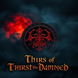 A grand, intricate book cover design featuring a glowing crimson moon, partially obscured by swirling dark clouds, casting an eerie, mystical light over a vast, shadowy landscape