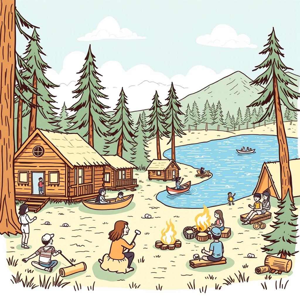 A beautifully sketched illustration of a summer camp scene, featuring cozy wooden cabins surrounded by tall trees and a sparkling lake