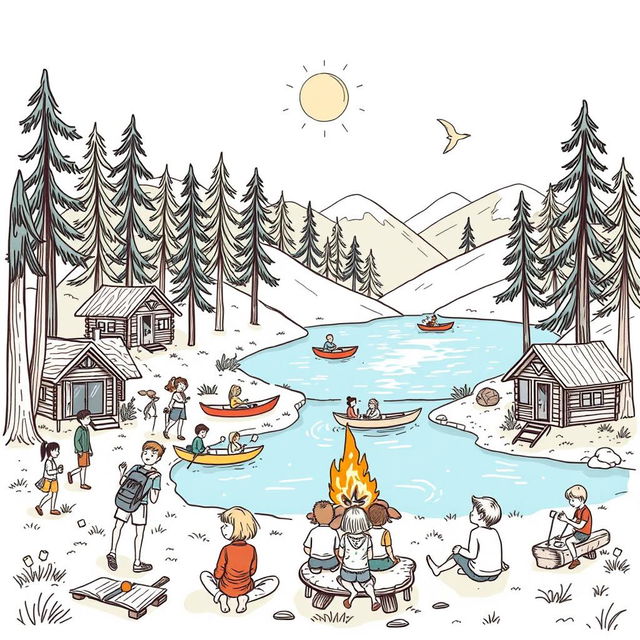 A beautifully sketched illustration of a summer camp scene, featuring cozy wooden cabins surrounded by tall trees and a sparkling lake