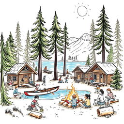 A beautifully sketched illustration of a summer camp scene, featuring cozy wooden cabins surrounded by tall trees and a sparkling lake