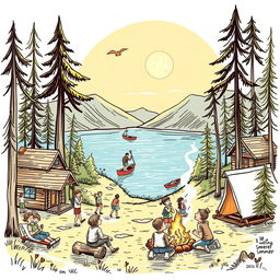 A beautifully sketched illustration of a summer camp scene, featuring cozy wooden cabins surrounded by tall trees and a sparkling lake