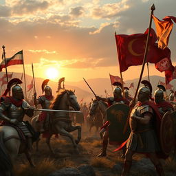 A dramatic scene depicting the ancient conflict between Iran and Rome, showcasing armored Persian warriors on horseback engaging in battle with Roman soldiers in ornate armor