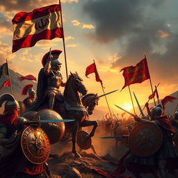 A dramatic scene depicting the ancient conflict between Iran and Rome, showcasing armored Persian warriors on horseback engaging in battle with Roman soldiers in ornate armor