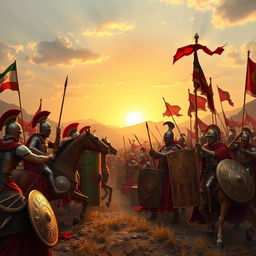 A dramatic scene depicting the ancient conflict between Iran and Rome, showcasing armored Persian warriors on horseback engaging in battle with Roman soldiers in ornate armor
