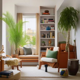 An apartment living room with a cool color palette. The room reflects the energetic vibe of a young nature-lover who enjoys reading books. Include elements such as plants, bookshelves, and cozy reading nooks.