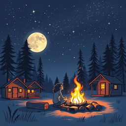 A romantic sketched illustration of a summer camp at night, featuring a serene scene under a starlit sky