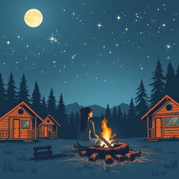 A romantic sketched illustration of a summer camp at night, featuring a serene scene under a starlit sky