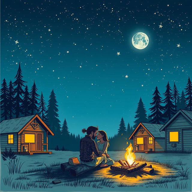 A romantic sketched illustration of a summer camp at night, featuring a serene scene under a starlit sky