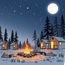 A romantic sketched illustration of a summer camp at night, featuring a serene scene under a starlit sky