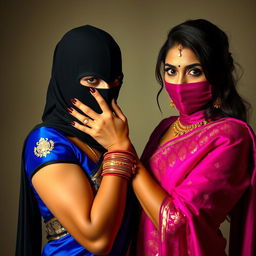 An alluring and captivating scene featuring two sexy Indian women, creating an atmosphere of intrigue and intensity
