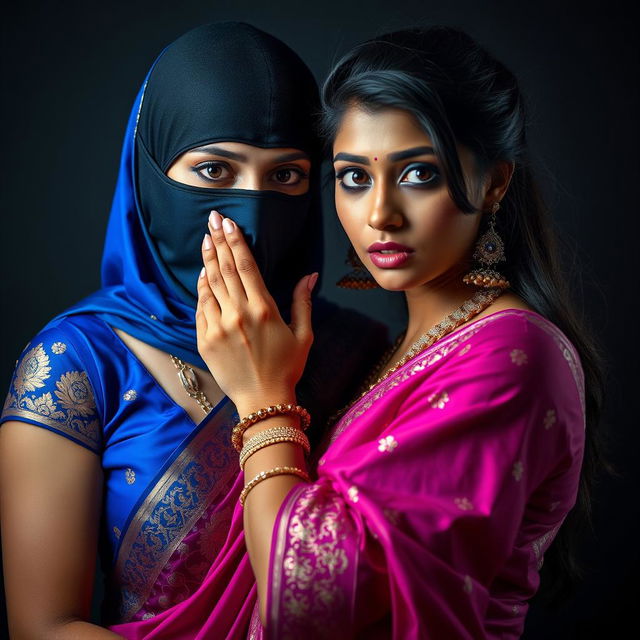 An alluring and captivating scene featuring two sexy Indian women, creating an atmosphere of intrigue and intensity