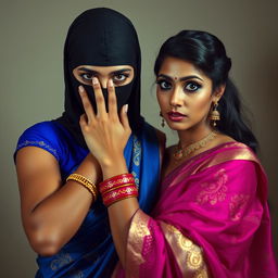 An alluring and captivating scene featuring two sexy Indian women, creating an atmosphere of intrigue and intensity