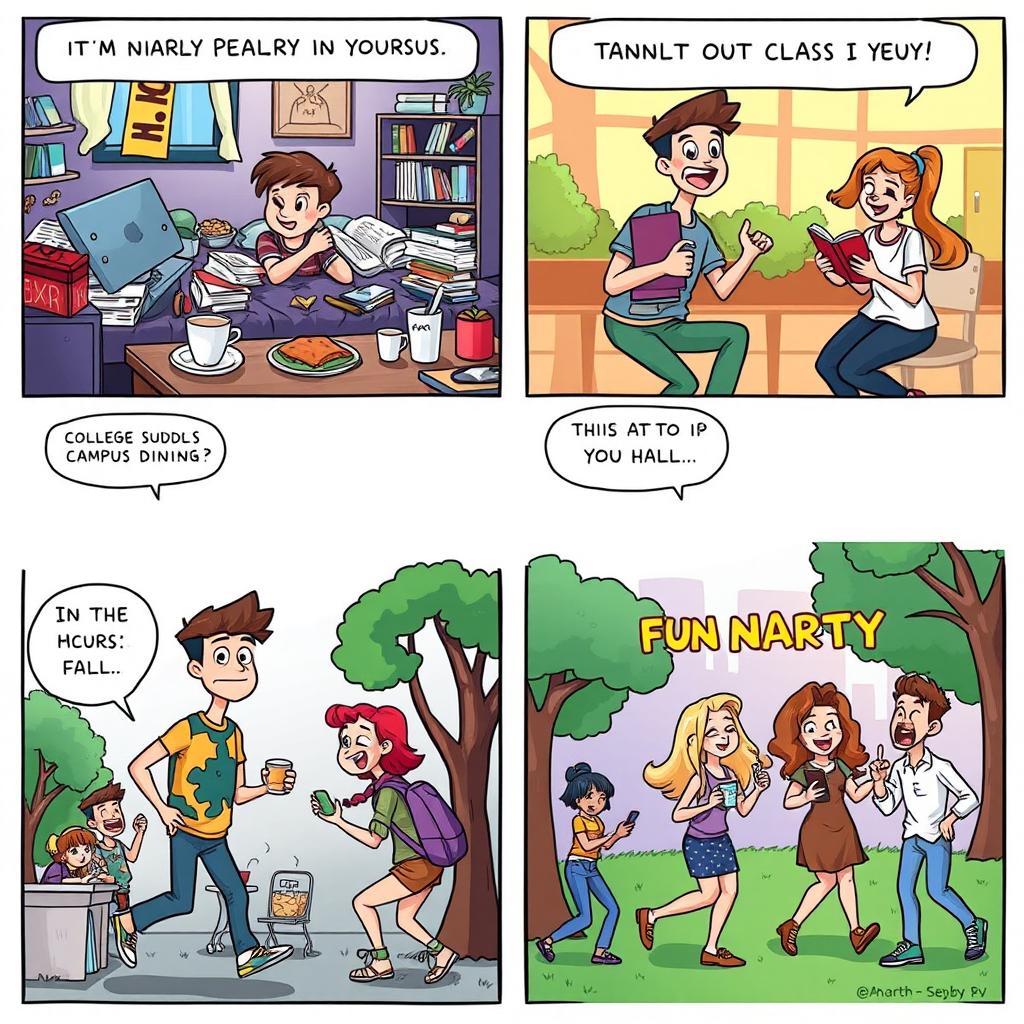 A colorful and lively comic strip illustrating various aspects of college student life