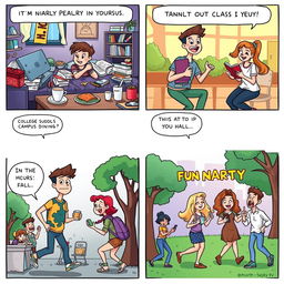 A colorful and lively comic strip illustrating various aspects of college student life