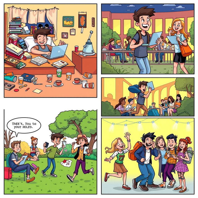 A colorful and lively comic strip illustrating various aspects of college student life