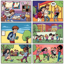 A colorful and lively comic strip illustrating various aspects of college student life