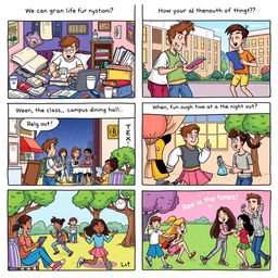 A colorful and lively comic strip illustrating various aspects of college student life